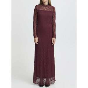 Ichi IHPERLA Burgundy Lace Maxi Dress Mock Neck Lettuce Hem Long Sleeve Size S
